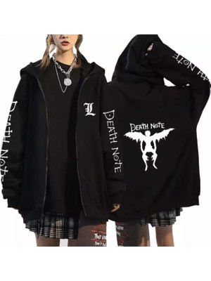 Amor Woman Kapüşonlu Tam Fermuarlı Death Note Baskılı Oversize Tam Kışlık Kadın Cekt-Sweatshirt