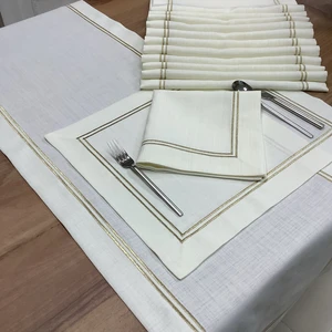 Oya Home Gold Çift Piko Dikişli Amerikan Servis (6)& Peçete(6) & Runner (1) Set -13 Parça