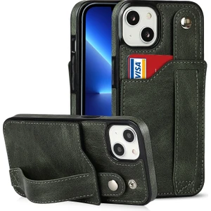 Apple iPhone 13 Için Rfıd Engelleyici Çizilmeye Dayanıklı Bilek Kayışlı Standlı Kartlıklı Pu Deri Tpu Kılıf - Yeşil (Yurt Dışından)