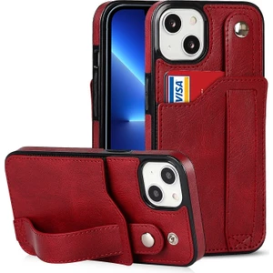 Apple iPhone 13 Için Rfıd Engelleyici Çizilmeye Dayanıklı Bilek Kayışlı Standlı Kartlıklı Pu Deri Tpu Kılıf - Kırmızı (Yurt Dışından)