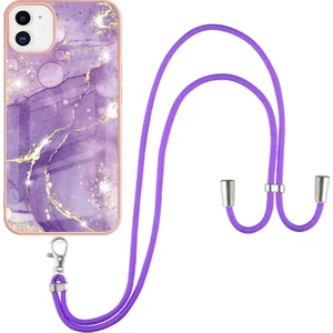 Apple iPhone 11 Için Iml Imd Mermer Desenli Kordonlu Galvanik Tpu Koruyucu Kılıfı - Mor (Yurt Dışından)