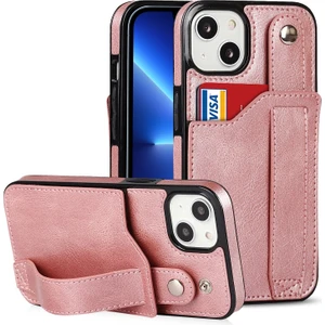 Apple iPhone 13 Için Rfıd Engelleyici Çizilmeye Dayanıklı Bilek Kayışlı Standlı Kartlıklı Pu Deri Tpu Kılıf - Gül Altın (Yurt Dışından)