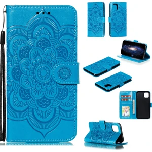 Apple iPhone 11 Için Mandala Çiçek Desenli Kayışlı Deri Cüzdan Tasarımlı Kılıf - Mavi (Yurt Dışından)