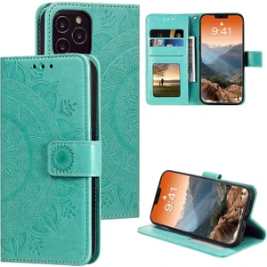 Apple iPhone 12 Pro Max Için Mandala Çiçek Baskılı Kayışlı Manyetik Pu Deri Cüzdan Kılıf - Turkuvaz (Yurt Dışından)