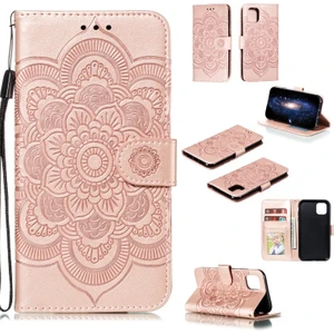 Apple iPhone 11 Için Mandala Çiçek Desenli Kayışlı Deri Cüzdan Tasarımlı Kılıf - Gül Altın (Yurt Dışından)
