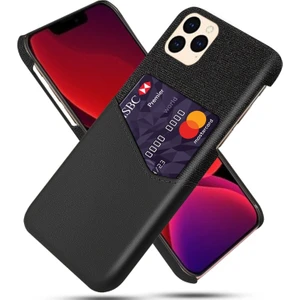 Apple iPhone 12 Pro Için Kartlıklı Kumaş + Pu Deri Kaplamalı Pc Kılıf - Siyah (Yurt Dışından)