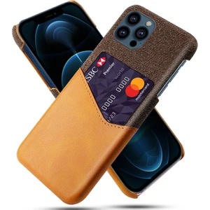 Apple iPhone 13 Pro Için Kartlıklı Kumaş + Pu Deri Kaplamalı Pc Telefon Kılıfı - Kahverengi (Yurt Dışından)