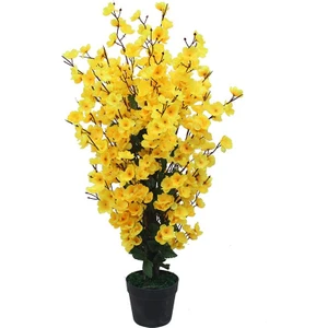 Yapay Ağaç Sarı Bahardalı Ağacı Japon Kiraz Çiçeği Sakura Çiçeği 80X35CM Siyah Plastik Saksılı