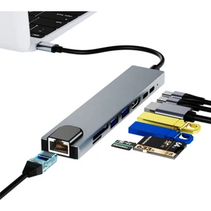 Macbook Uyumlu Type-C To 4K HDMI TV Projeksiyon Ultra HD 1080P (2*Type-C 2* USB 3.0) 100Mbps Ethernet Lan 2*SD 8 In 1 Çevirici Hub Adaptör