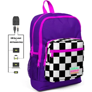 Coral High Kids Mor Dama Desenli  USB Şarjlı Kulaklık Çıkışlı Okul Sırt Çantası 23802