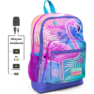 Coral High Kids Flamingo Desenli Lavanta Pembe USB Şarjlı Kulaklık Çıkışlı Okul Sırt Çantası 23804