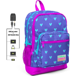 Coral High Kids Kalp Desenli Lavanta Pembe USB Şarjlı Kulaklık Çıkışlı Okul Sırt Çantası 23806