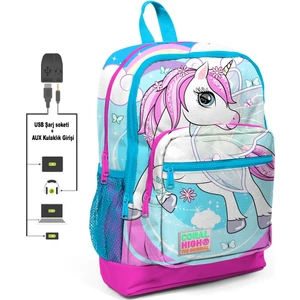 Coral High Kids Dört Bölmel Neon Pembe Desenli Ilkokul Çantası USB Şarjlı Kulaklık Çıkışlı 23811