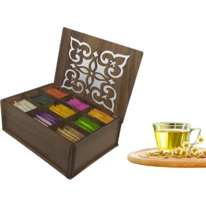 Ahşap Gediz Renk  Çay Kutusu 9 Bölmeli Kapaklı Bitki Çayı Saklama Kabı ( Çaylar Dahil) Tea Box