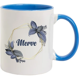 Hediye Rengi Isme Özel Mavi Kuplu Kupa Bardak - Mavi Çerçeveli Çiçek