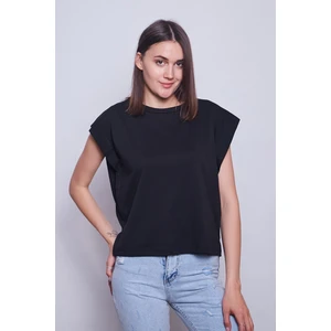 Kadın Geniş Sıfır Yaka Kısa Kol Pamuk Kumaş Oversize Tshirt-Siyah