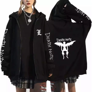 Amor Woman Kapüşonlu Tam Fermuarlı Death Note Baskılı Oversize Tam Kışlık Kadın Cekt-Sweatshirt