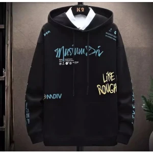 Amor Man Büyük Beden Kapüşonlu Karma Motto Yazı Baskılı Oversize %100 Pamuk Erkek Hoodie-Sweatshirt