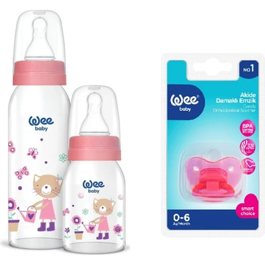 Wee Baby Desenli Cam Biberon Seti 125 ml + Emzik BPA İçermez Pembe Renkli 2
