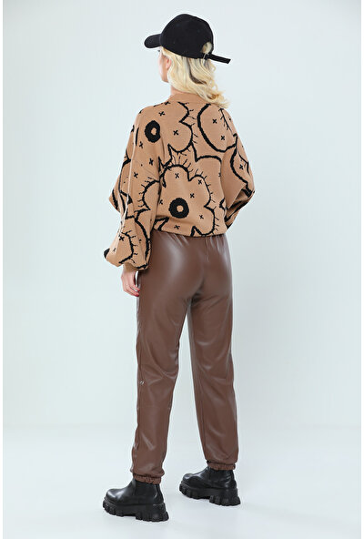 Siyah Kadın Kahverengi Içi Yünlü Şardon Kaplı Bel ve Paça Lastikli Yüksek Belli Deri Pantolon - GİY00065