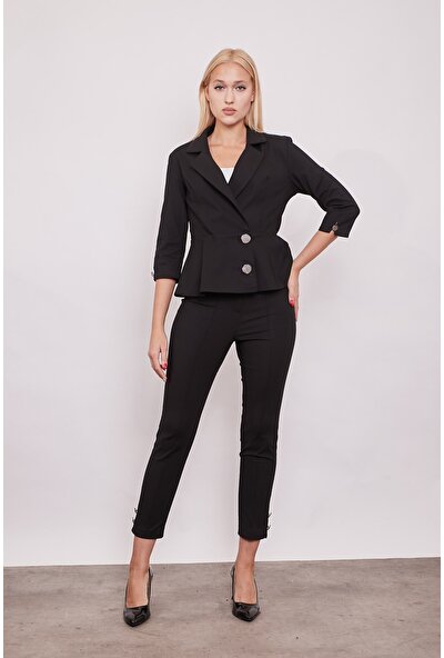 Yüksek Bel Cepsiz Yırtmaçlı Düğme Aksesuarlı Pamuklu Kumaş Pantolon-Siyah