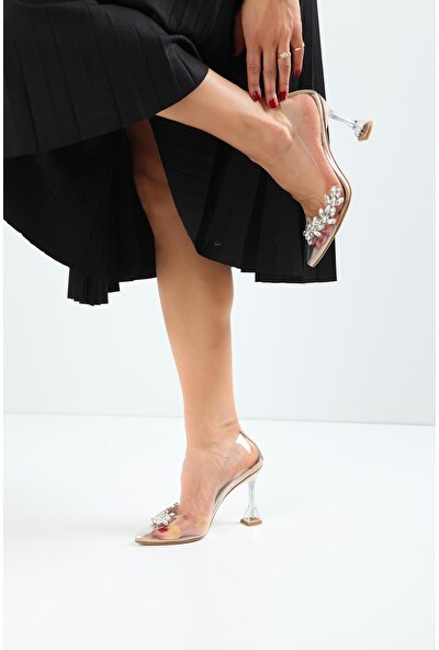 Zenneshoes Kadın Ten Şeffaf Taş Detaylı Ince Topuklu Ayakkabı