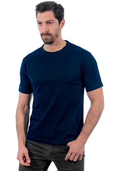 Sıfır Yaka Tişört, Lacivert -112E245- Bisiklet Yaka T-shirt