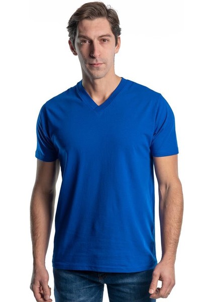 V Yaka Tişört, Saks Mavi -113E241- T-shirt, Tshirt, Kısa Kollu
