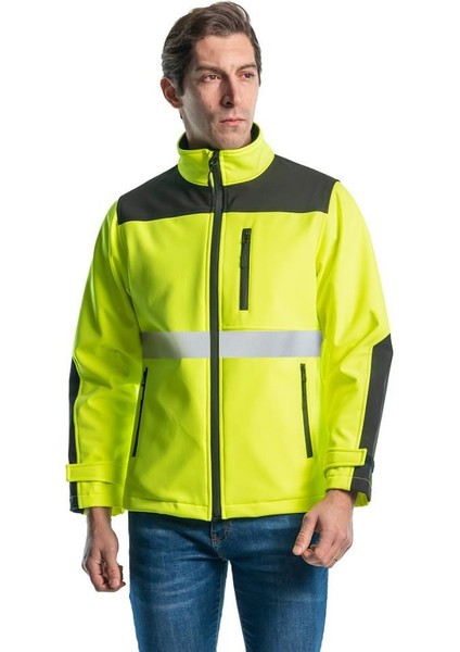 , Reflektörlü Softshell Mont, Sarı -91E2666- Su İtici