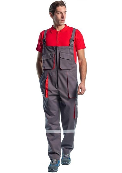 , Reflektörlü Bahçıvan Tulum, Gri-Kırmızı-8E2386- Salopet