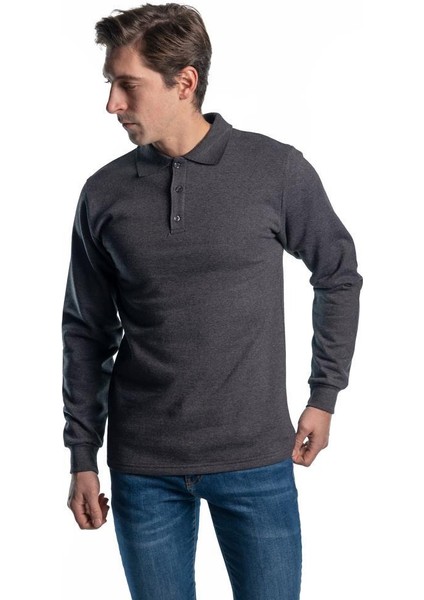 , Sweatshirt, Koyu Gri, Polo Yaka -107E5432- Pamuklu