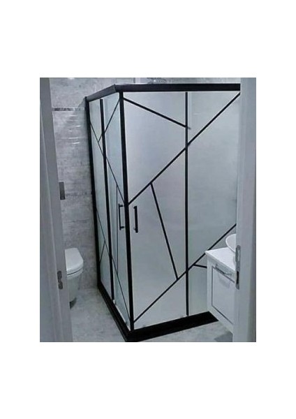 Özelduş 90*90 cm 5 mm Siyah Şerit Kumlu Cam, Siyah Profil Köşe Açılır..