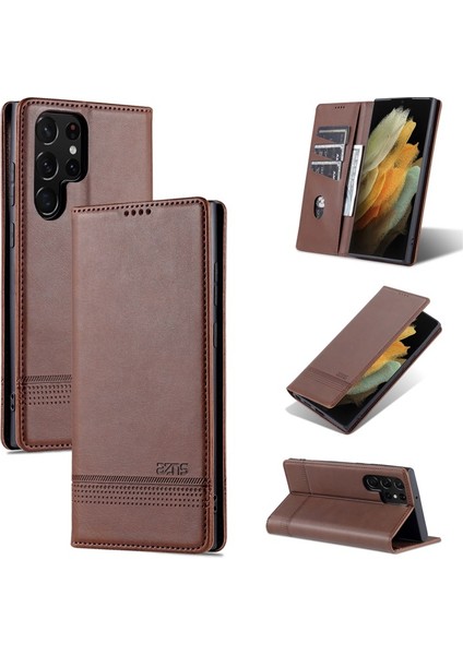 Samsung Galaxy S22 Ultra Için Manyetik Tokalı Pu Deri Telefon Kılıfı (Yurt Dışından)