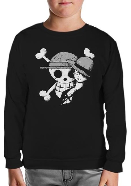 One Piece - Luffy Straw Hat 4 Siyah Çocuk Sweatshirt