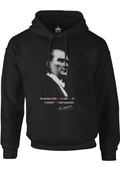 Atatürk - Ebediyen Türk Siyah Erkek Fermuarsız Kapşonlu