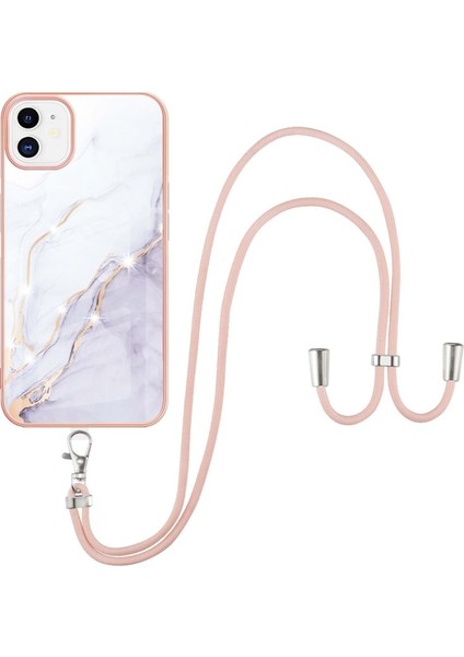 Apple iPhone 11 Için Iml Imd Mermer Desenli Kordonlu Galvanik Tpu Koruyucu Kılıfı - Beyaz (Yurt Dışından)