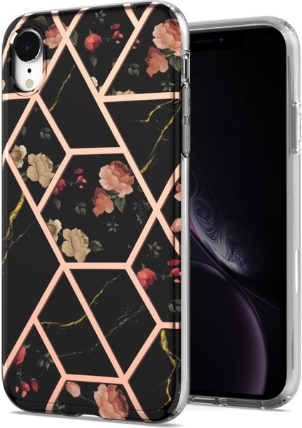 Apple iPhone Xr Için Çizilmeye Düşmeye Dayanıklı Mermer Desenli Galvanik Imd Iml Yumuşak Tpu Kılıf - Siyah (Yurt Dışından)