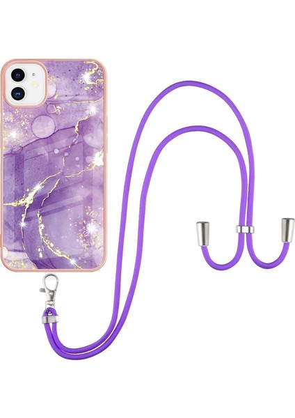 Apple iPhone 11 Için Iml Imd Mermer Desenli Kordonlu Galvanik Tpu Koruyucu Kılıfı - Mor (Yurt Dışından)