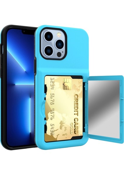 Apple iPhone 13 Pro Için Kartlıklı Gizli Aynalı Akrilik + Tpu Hibrit Kılıf - Gök Mavisi (Yurt Dışından)