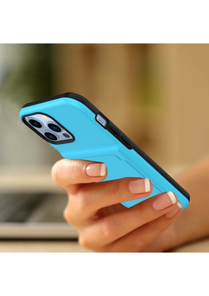 Apple iPhone 13 Pro Için Kartlıklı Gizli Aynalı Akrilik + Tpu Hibrit Kılıf - Gök Mavisi (Yurt Dışından)
