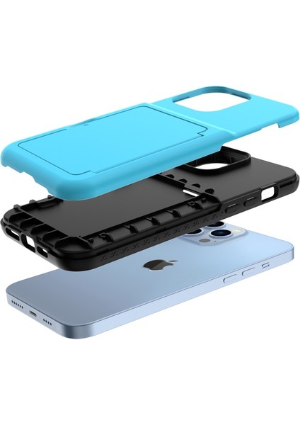 Apple iPhone 13 Pro Için Kartlıklı Gizli Aynalı Akrilik + Tpu Hibrit Kılıf - Gök Mavisi (Yurt Dışından)