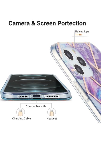 Apple iPhone 12 Için Imd Mermer Desenli 2.0mm Galvanik Tpu Koruyucu Kılıf - Koyu Mor (Yurt Dışından)