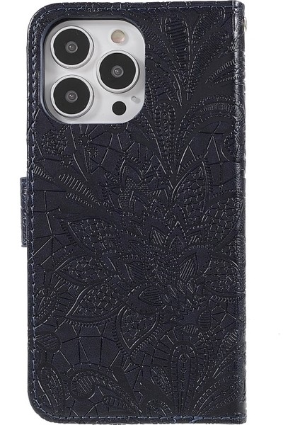 Apple iPhone 13 Pro Için Dantel Çiçek Desenli Pu Deri + Tpu Standlı Kayışlı Telefon Kılıfı - Siyah (Yurt Dışından)