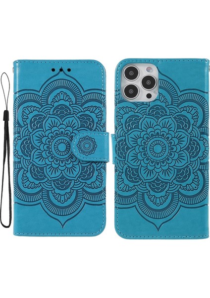 Apple iPhone 13 Pro Için Mandala Çiçek Desenli Standlı Kayışlı Deri Telefon Kılıfı - Mavi (Yurt Dışından)
