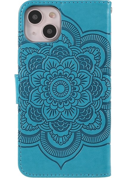 Apple iPhone 13 Pro Için Mandala Çiçek Desenli Standlı Kayışlı Deri Telefon Kılıfı - Mavi (Yurt Dışından)