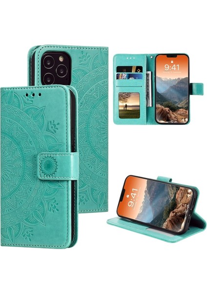 Apple iPhone 12 Pro Max Için Mandala Çiçek Baskılı Kayışlı Manyetik Pu Deri Cüzdan Kılıf - Turkuvaz (Yurt Dışından)