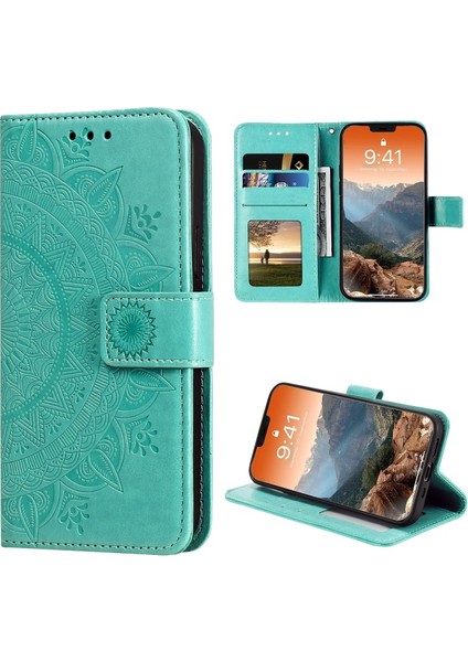 Apple iPhone 12 Pro Max Için Mandala Çiçek Baskılı Kayışlı Manyetik Pu Deri Cüzdan Kılıf - Turkuvaz (Yurt Dışından) fiyatları