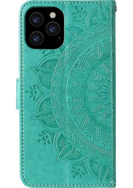 Apple iPhone 12 Pro Max Için Mandala Çiçek Baskılı Kayışlı Manyetik Pu Deri Cüzdan Kılıf - Turkuvaz (Yurt Dışından) fırsatları