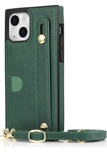 Apple iPhone 13 Mini Için Standlı Kart Yuvalı Kayışlı Pu Deri Kaplamalı Tpu Telefon Kılıfı - Yeşil (Yurt Dışından)