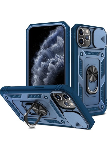 Apple iPhone 11 Pro Max Için Standlı Kamera Koruyuculu Pc + Tpu Telefon Kılıfı - Lacivert (Yurt Dışından)